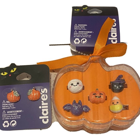 5 Halloween Rings and 1 Pair of Pumpkin Earrings Jewelry Candy Corn Bat  Cat - Picture 2 of 2